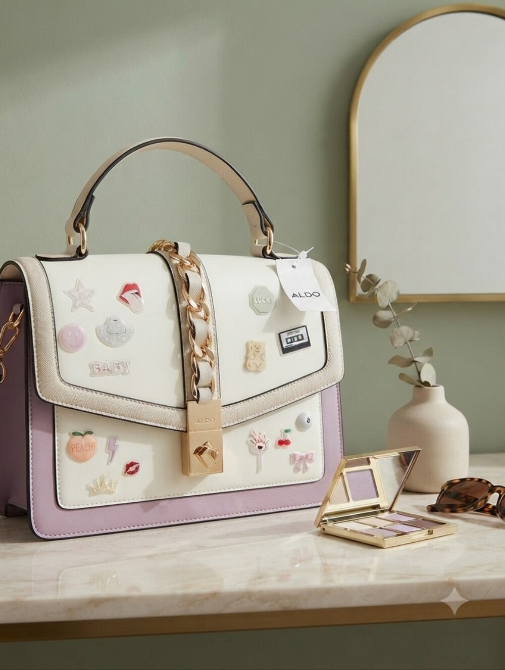 ALDO Cream and Lilac Satchel with Gold Chain Accent